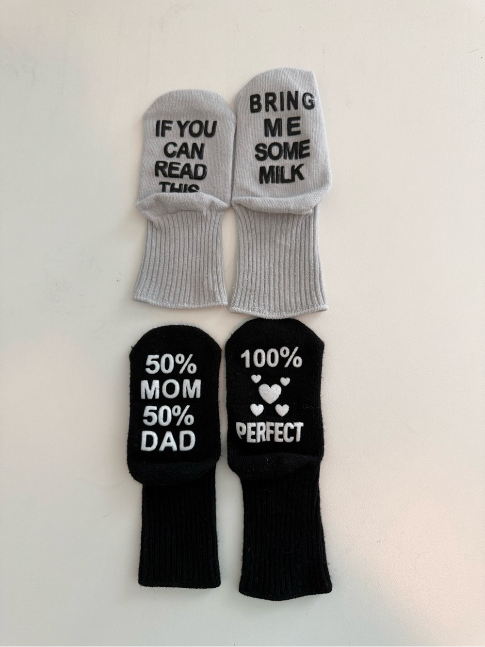 Kids Novelty Socks - Gray & Black - Fun Text Designs - Set of 2 - 0-12 Months